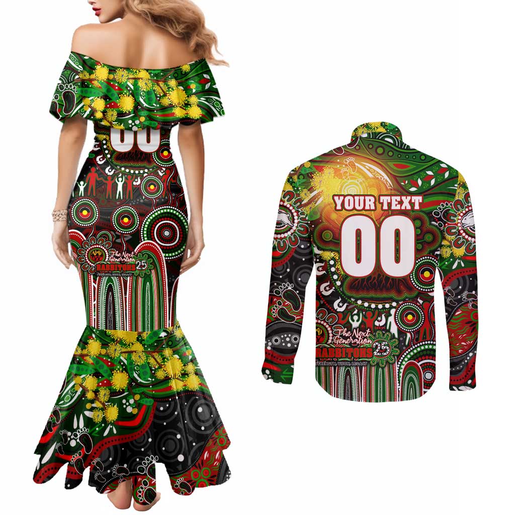 Personalised NAIDOC Week 2025 Rabbitohs Rugby Couples Matching Mermaid Dress and Long Sleeve Button Shirt Aboriginal Dot Painting