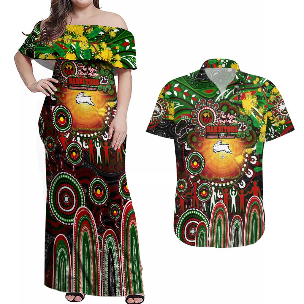 Personalised NAIDOC Week 2025 Rabbitohs Rugby Couples Matching Off Shoulder Maxi Dress and Hawaiian Shirt Aboriginal Dot Painting