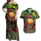 Personalised NAIDOC Week 2025 Rabbitohs Rugby Couples Matching Off Shoulder Maxi Dress and Hawaiian Shirt Aboriginal Dot Painting