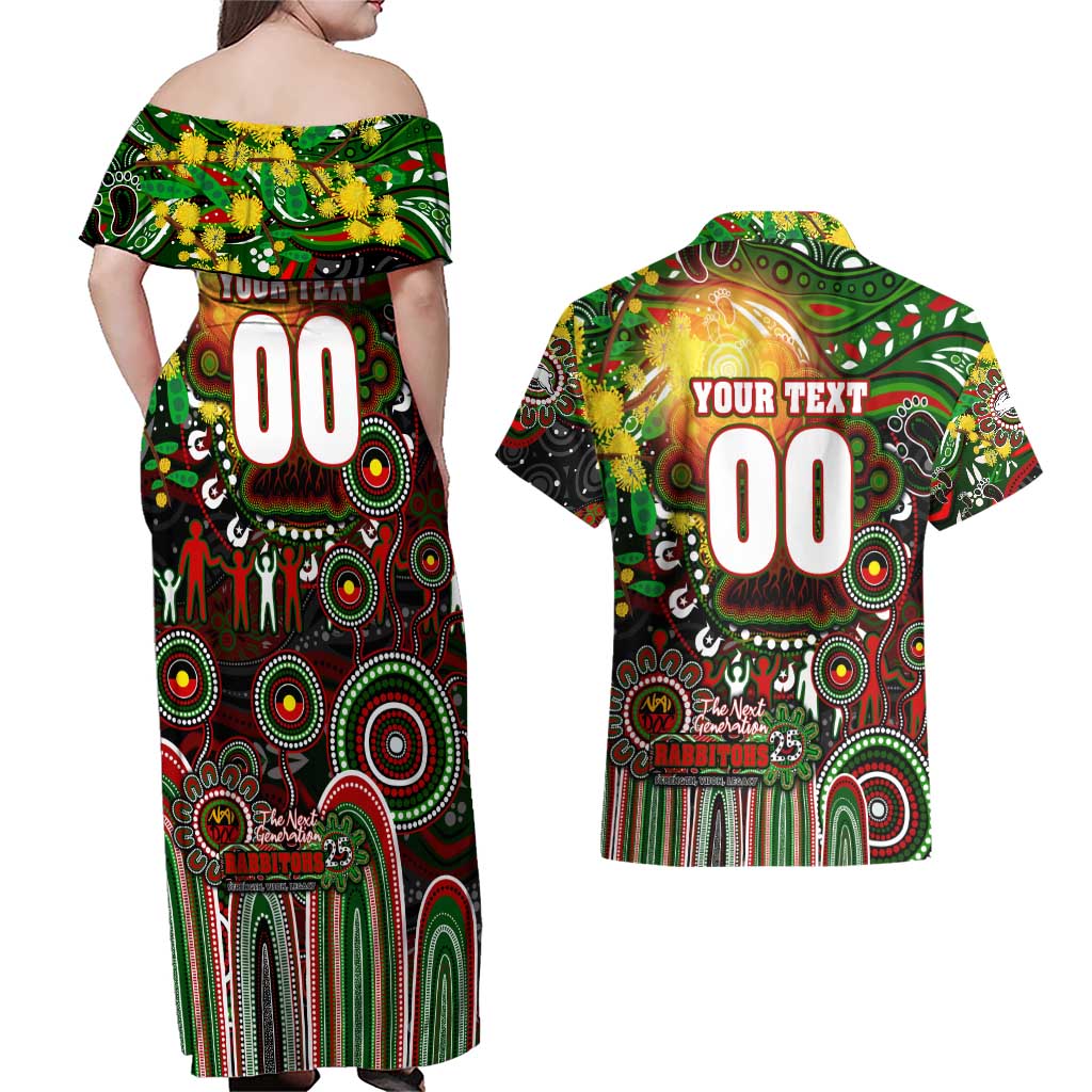 Personalised NAIDOC Week 2025 Rabbitohs Rugby Couples Matching Off Shoulder Maxi Dress and Hawaiian Shirt Aboriginal Dot Painting