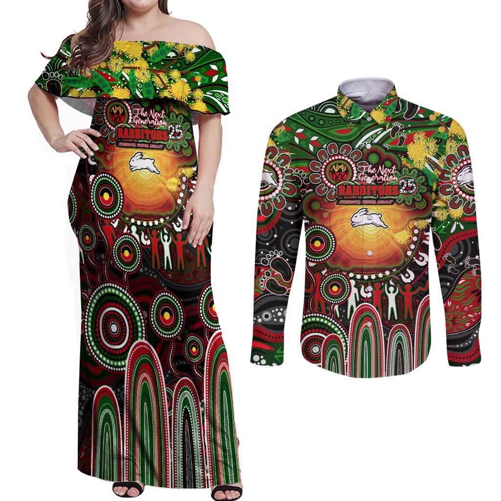 Personalised NAIDOC Week 2025 Rabbitohs Rugby Couples Matching Off Shoulder Maxi Dress and Long Sleeve Button Shirt Aboriginal Dot Painting