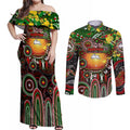 Personalised NAIDOC Week 2025 Rabbitohs Rugby Couples Matching Off Shoulder Maxi Dress and Long Sleeve Button Shirt Aboriginal Dot Painting