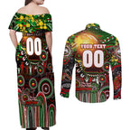 Personalised NAIDOC Week 2025 Rabbitohs Rugby Couples Matching Off Shoulder Maxi Dress and Long Sleeve Button Shirt Aboriginal Dot Painting
