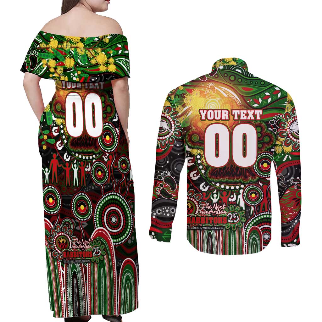Personalised NAIDOC Week 2025 Rabbitohs Rugby Couples Matching Off Shoulder Maxi Dress and Long Sleeve Button Shirt Aboriginal Dot Painting