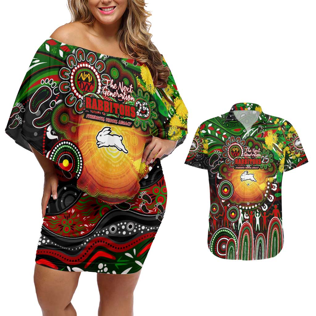 Personalised NAIDOC Week 2025 Rabbitohs Rugby Couples Matching Off Shoulder Short Dress and Hawaiian Shirt Aboriginal Dot Painting