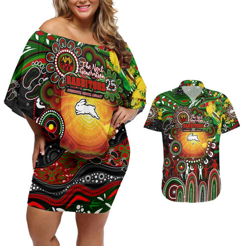Personalised NAIDOC Week 2025 Rabbitohs Rugby Couples Matching Off Shoulder Short Dress and Hawaiian Shirt Aboriginal Dot Painting
