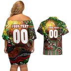 Personalised NAIDOC Week 2025 Rabbitohs Rugby Couples Matching Off Shoulder Short Dress and Hawaiian Shirt Aboriginal Dot Painting