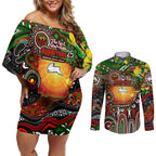 Personalised NAIDOC Week 2025 Rabbitohs Rugby Couples Matching Off Shoulder Short Dress and Long Sleeve Button Shirt Aboriginal Dot Painting
