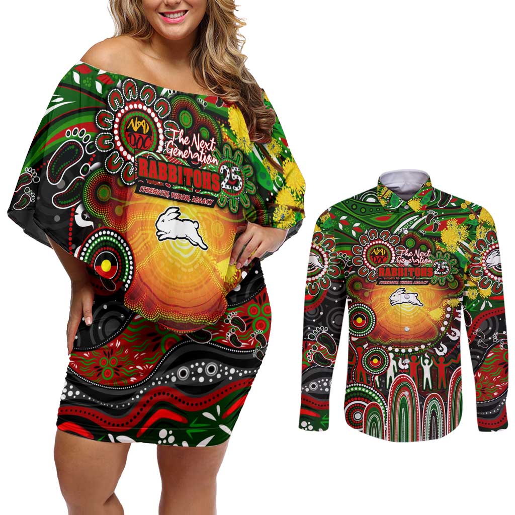 Personalised NAIDOC Week 2025 Rabbitohs Rugby Couples Matching Off Shoulder Short Dress and Long Sleeve Button Shirt Aboriginal Dot Painting