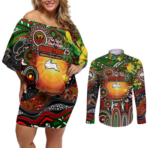 Personalised NAIDOC Week 2025 Rabbitohs Rugby Couples Matching Off Shoulder Short Dress and Long Sleeve Button Shirt Aboriginal Dot Painting