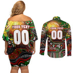 Personalised NAIDOC Week 2025 Rabbitohs Rugby Couples Matching Off Shoulder Short Dress and Long Sleeve Button Shirt Aboriginal Dot Painting
