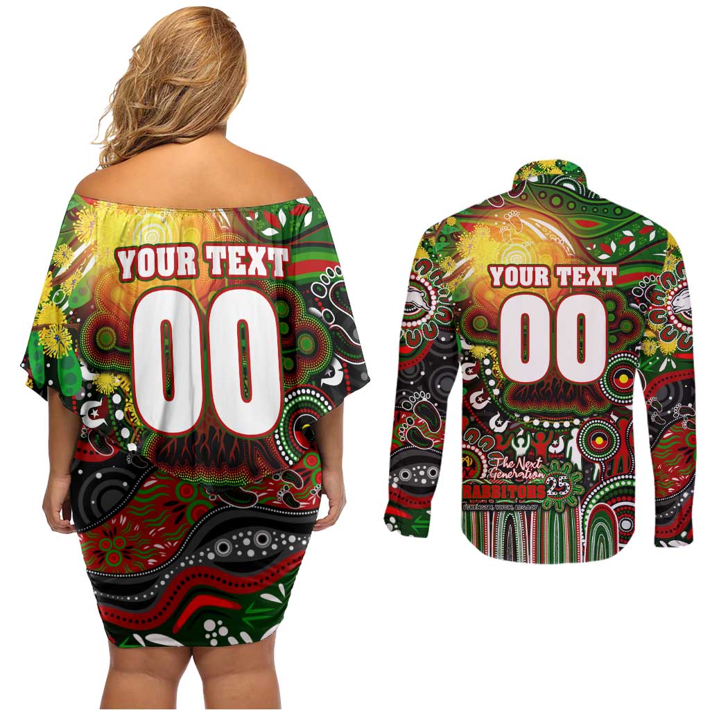 Personalised NAIDOC Week 2025 Rabbitohs Rugby Couples Matching Off Shoulder Short Dress and Long Sleeve Button Shirt Aboriginal Dot Painting