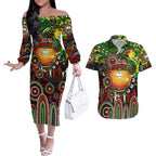 Personalised NAIDOC Week 2025 Rabbitohs Rugby Couples Matching Off The Shoulder Long Sleeve Dress and Hawaiian Shirt Aboriginal Dot Painting