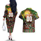 Personalised NAIDOC Week 2025 Rabbitohs Rugby Couples Matching Off The Shoulder Long Sleeve Dress and Hawaiian Shirt Aboriginal Dot Painting