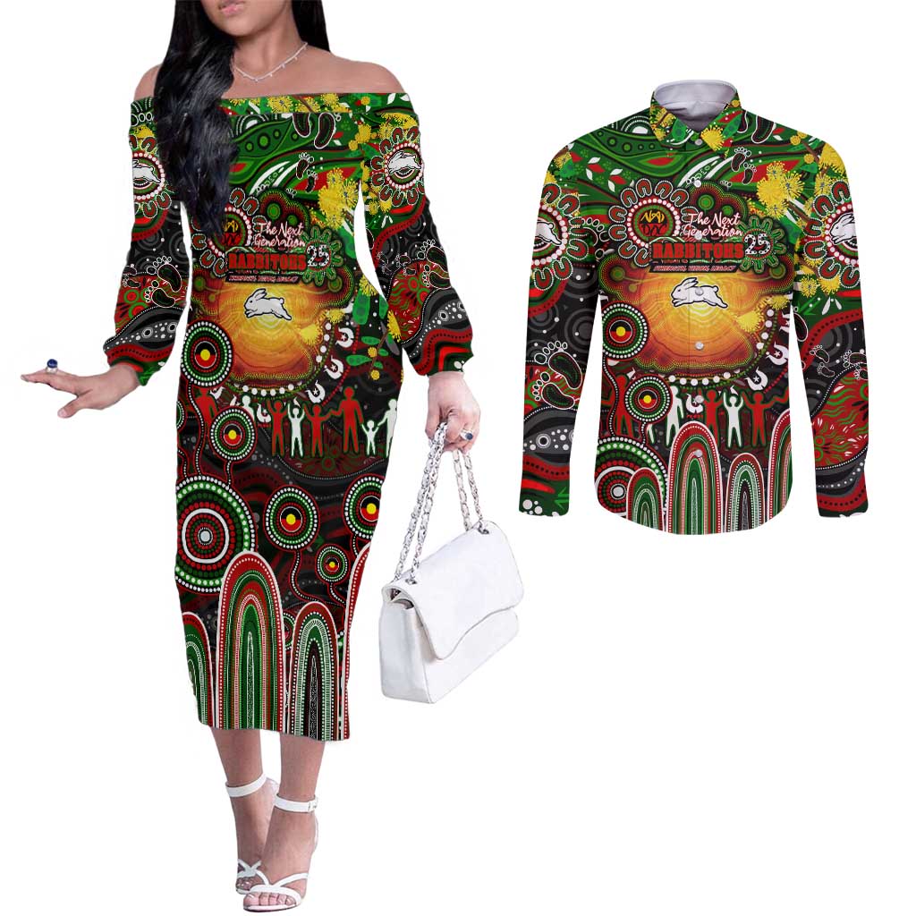 Personalised NAIDOC Week 2025 Rabbitohs Rugby Couples Matching Off The Shoulder Long Sleeve Dress and Long Sleeve Button Shirt Aboriginal Dot Painting