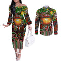 Personalised NAIDOC Week 2025 Rabbitohs Rugby Couples Matching Off The Shoulder Long Sleeve Dress and Long Sleeve Button Shirt Aboriginal Dot Painting