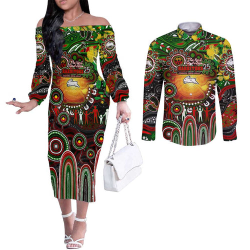 Personalised NAIDOC Week 2025 Rabbitohs Rugby Couples Matching Off The Shoulder Long Sleeve Dress and Long Sleeve Button Shirt Aboriginal Dot Painting