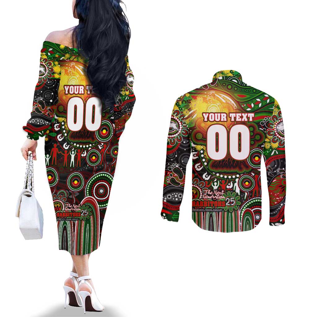 Personalised NAIDOC Week 2025 Rabbitohs Rugby Couples Matching Off The Shoulder Long Sleeve Dress and Long Sleeve Button Shirt Aboriginal Dot Painting