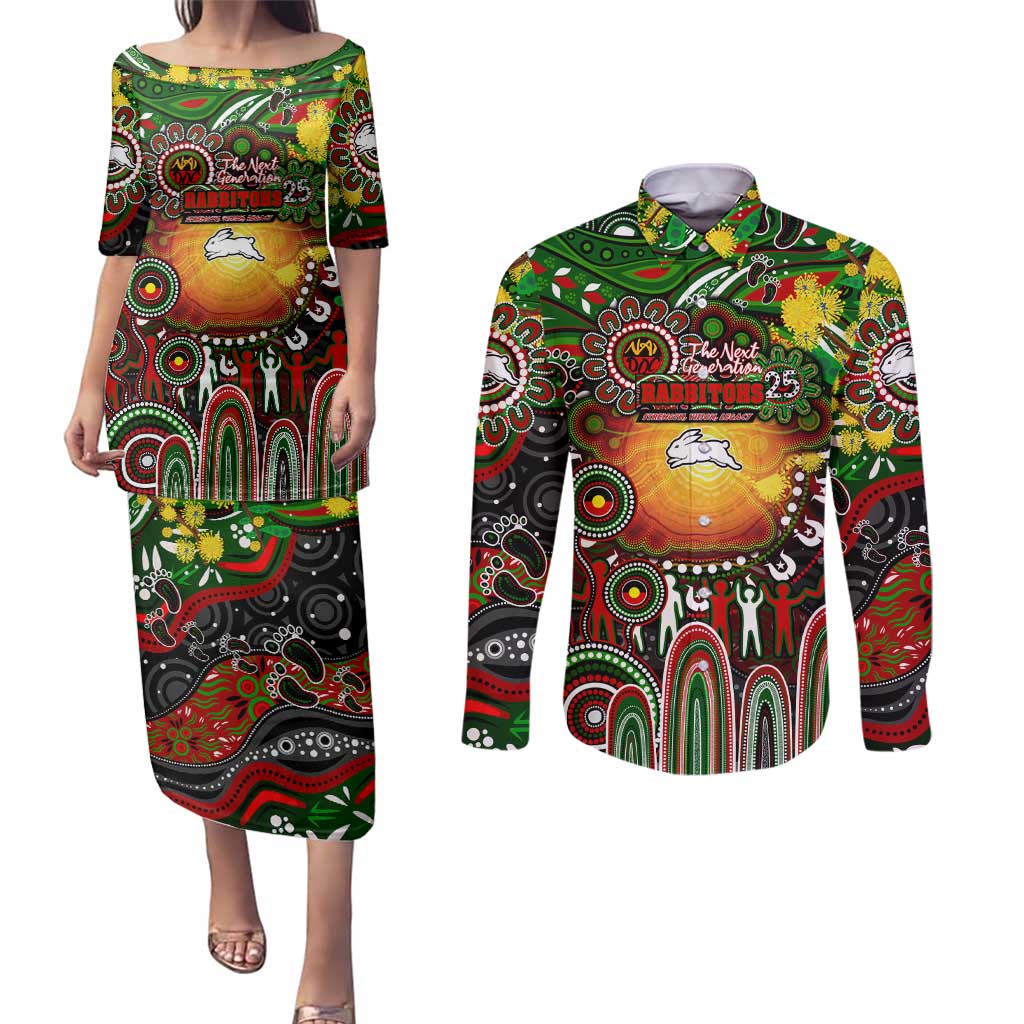 Personalised NAIDOC Week 2025 Rabbitohs Rugby Couples Matching Puletasi and Long Sleeve Button Shirt Aboriginal Dot Painting