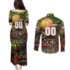 Personalised NAIDOC Week 2025 Rabbitohs Rugby Couples Matching Puletasi and Long Sleeve Button Shirt Aboriginal Dot Painting