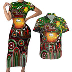 Personalised NAIDOC Week 2025 Rabbitohs Rugby Couples Matching Short Sleeve Bodycon Dress and Hawaiian Shirt Aboriginal Dot Painting