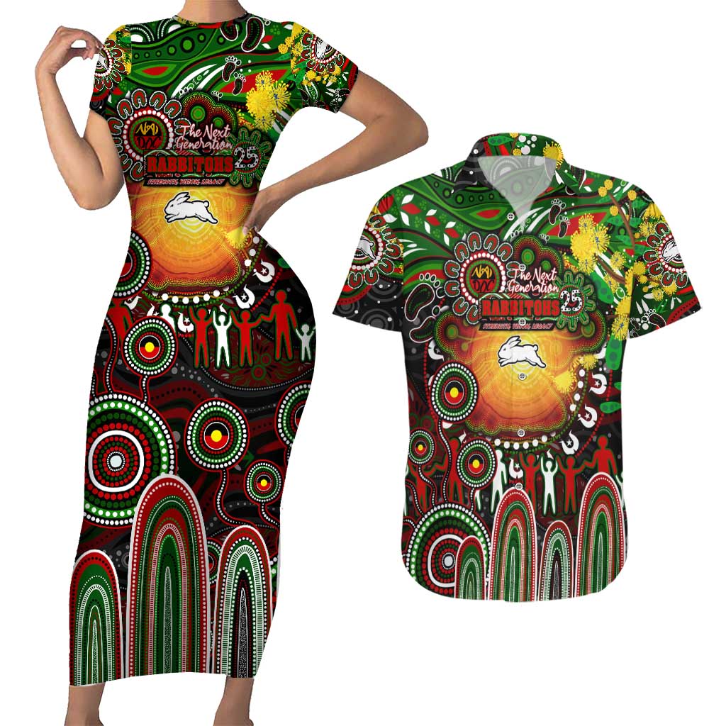 Personalised NAIDOC Week 2025 Rabbitohs Rugby Couples Matching Short Sleeve Bodycon Dress and Hawaiian Shirt Aboriginal Dot Painting