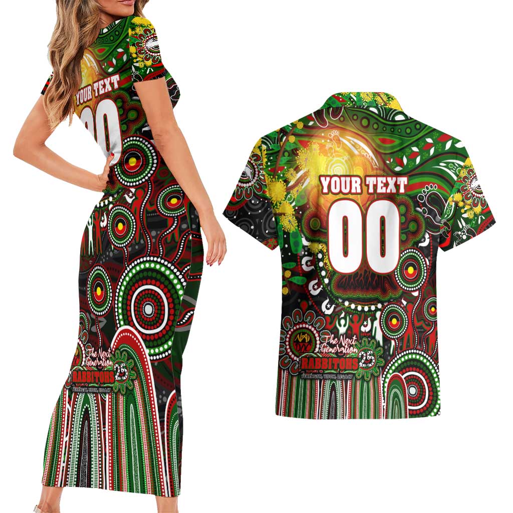 Personalised NAIDOC Week 2025 Rabbitohs Rugby Couples Matching Short Sleeve Bodycon Dress and Hawaiian Shirt Aboriginal Dot Painting