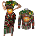 Personalised NAIDOC Week 2025 Rabbitohs Rugby Couples Matching Short Sleeve Bodycon Dress and Long Sleeve Button Shirt Aboriginal Dot Painting