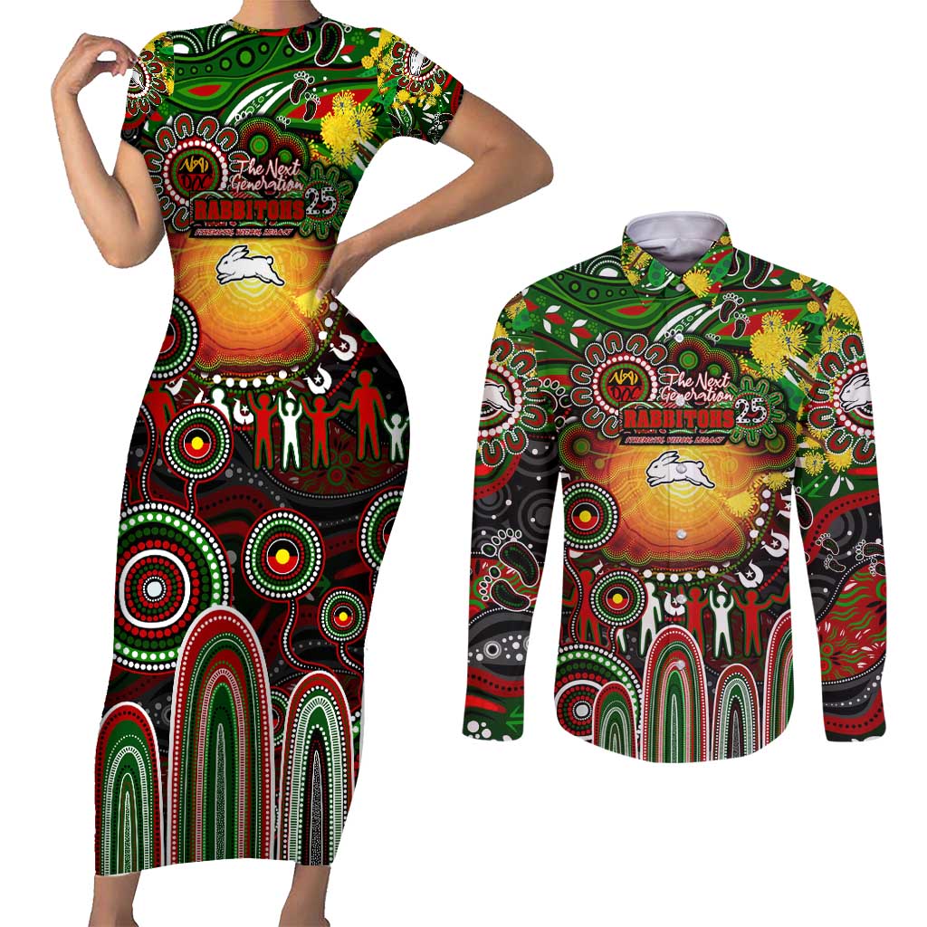 Personalised NAIDOC Week 2025 Rabbitohs Rugby Couples Matching Short Sleeve Bodycon Dress and Long Sleeve Button Shirt Aboriginal Dot Painting