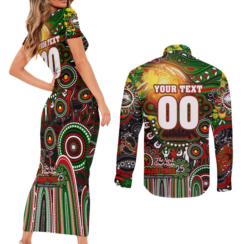 Personalised NAIDOC Week 2025 Rabbitohs Rugby Couples Matching Short Sleeve Bodycon Dress and Long Sleeve Button Shirt Aboriginal Dot Painting