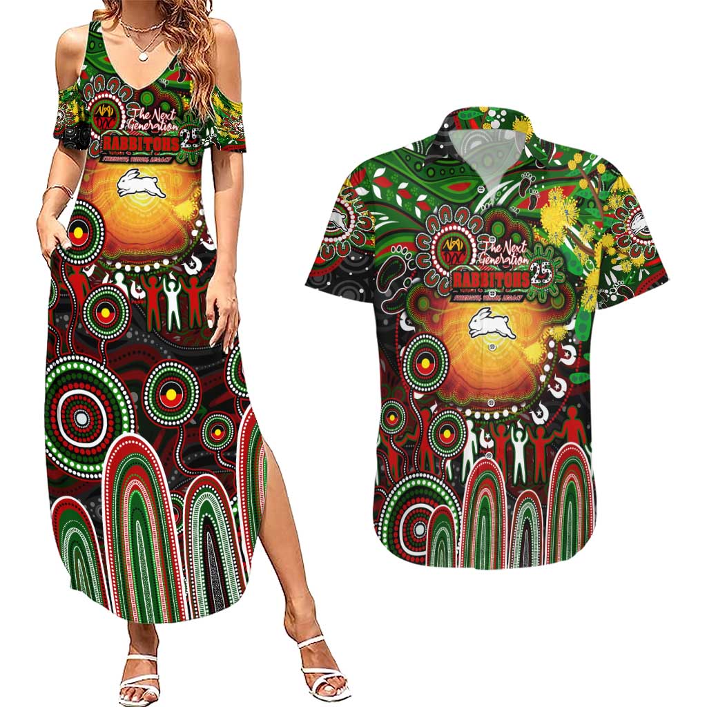 Personalised NAIDOC Week 2025 Rabbitohs Rugby Couples Matching Summer Maxi Dress and Hawaiian Shirt Aboriginal Dot Painting