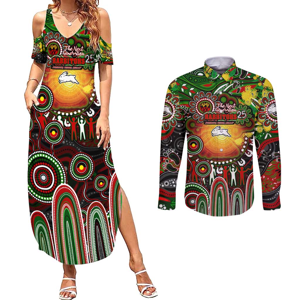Personalised NAIDOC Week 2025 Rabbitohs Rugby Couples Matching Summer Maxi Dress and Long Sleeve Button Shirt Aboriginal Dot Painting