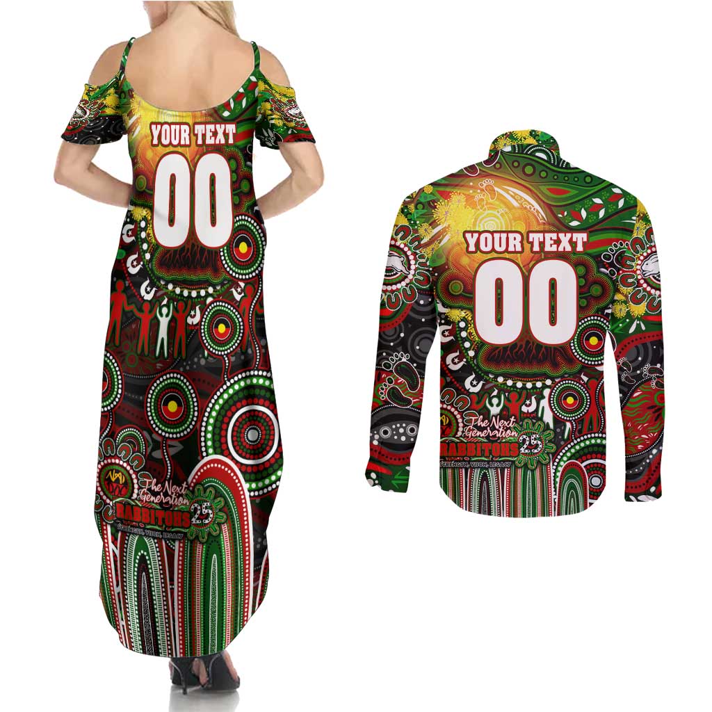 Personalised NAIDOC Week 2025 Rabbitohs Rugby Couples Matching Summer Maxi Dress and Long Sleeve Button Shirt Aboriginal Dot Painting