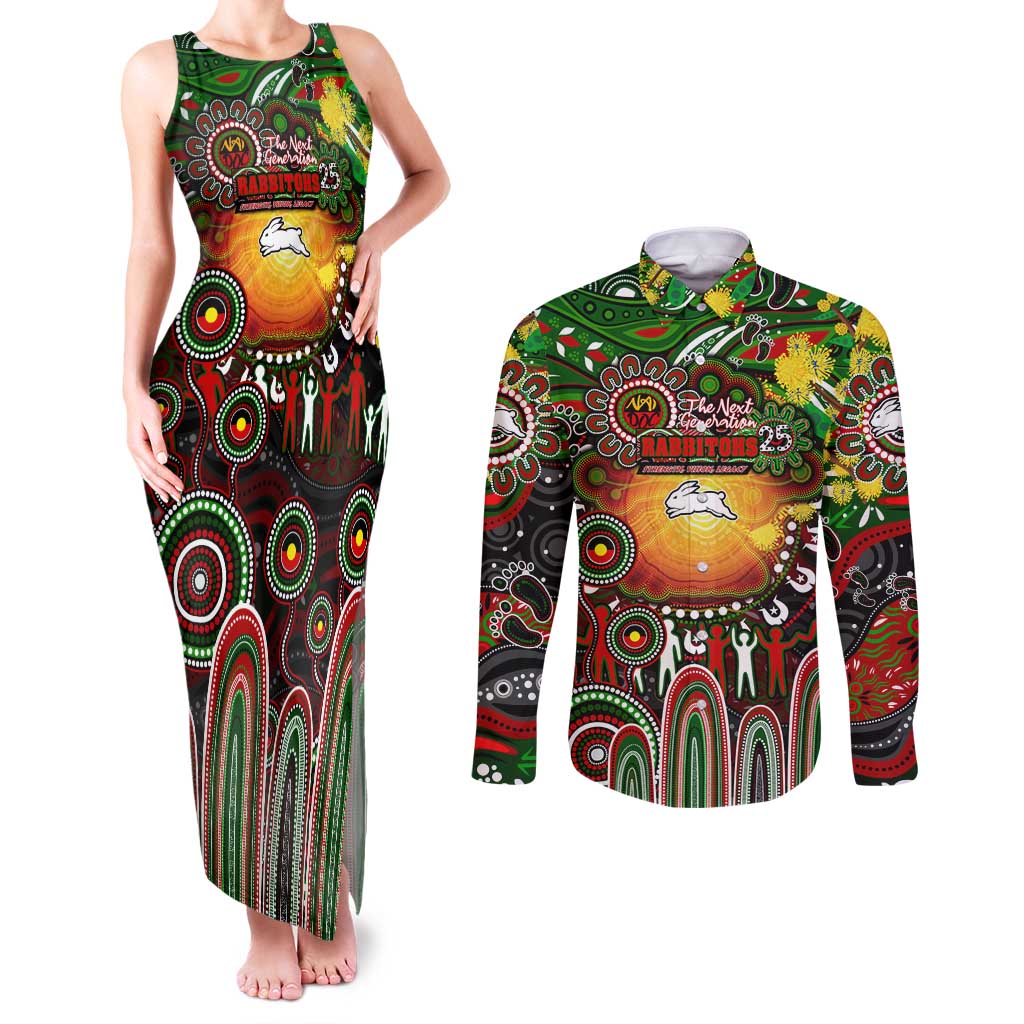 Personalised NAIDOC Week 2025 Rabbitohs Rugby Couples Matching Tank Maxi Dress and Long Sleeve Button Shirt Aboriginal Dot Painting