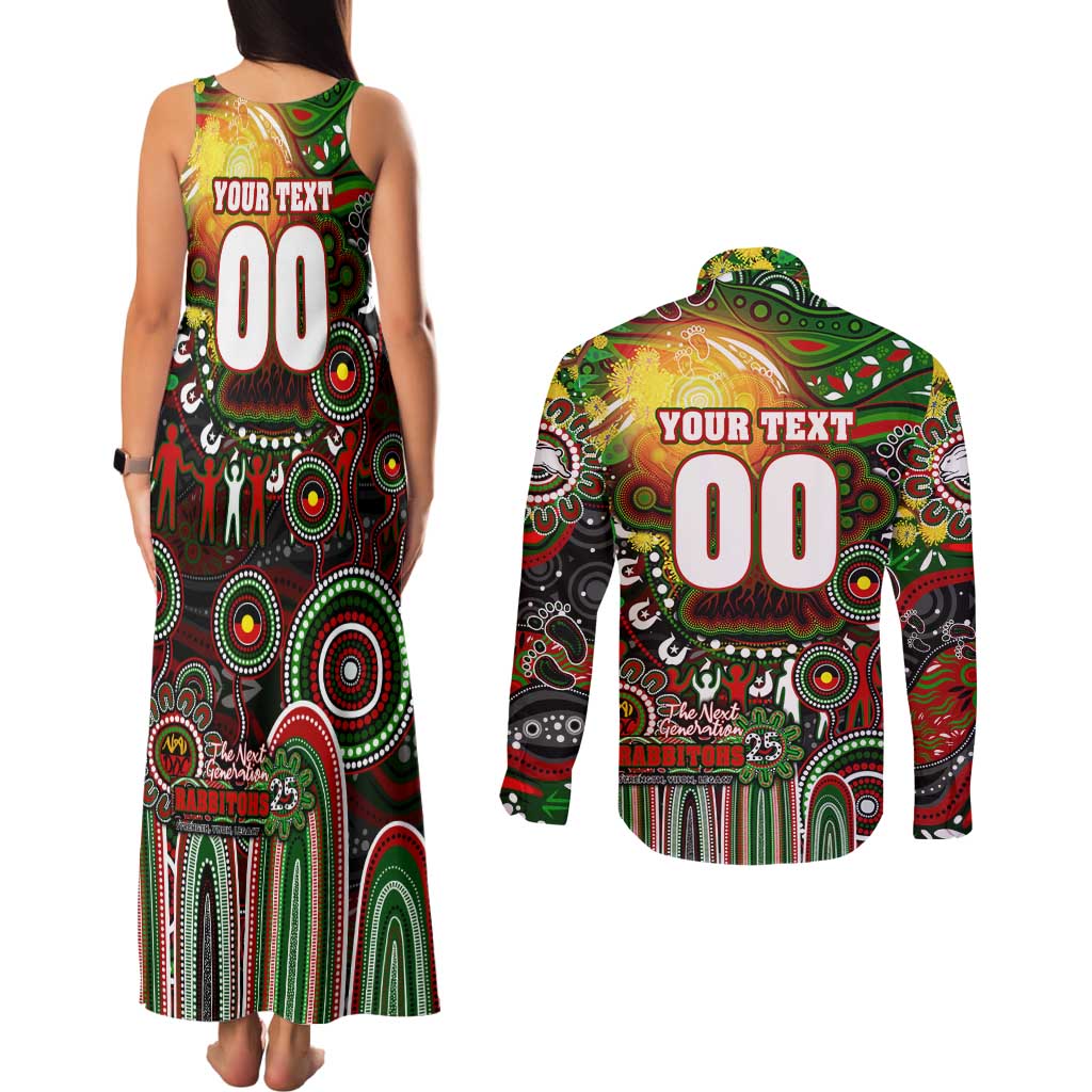 Personalised NAIDOC Week 2025 Rabbitohs Rugby Couples Matching Tank Maxi Dress and Long Sleeve Button Shirt Aboriginal Dot Painting
