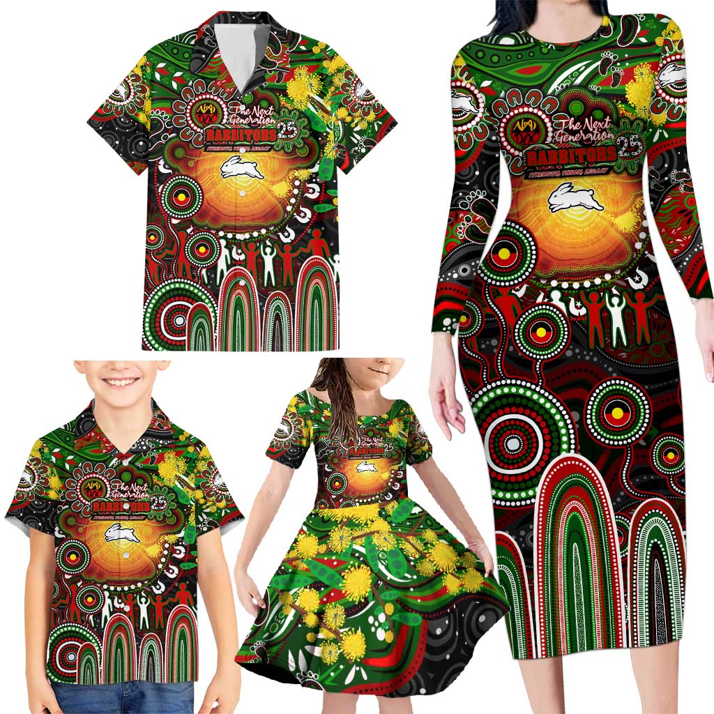 Personalised NAIDOC Week 2025 Rabbitohs Rugby Family Matching Long Sleeve Bodycon Dress and Hawaiian Shirt Aboriginal Dot Painting
