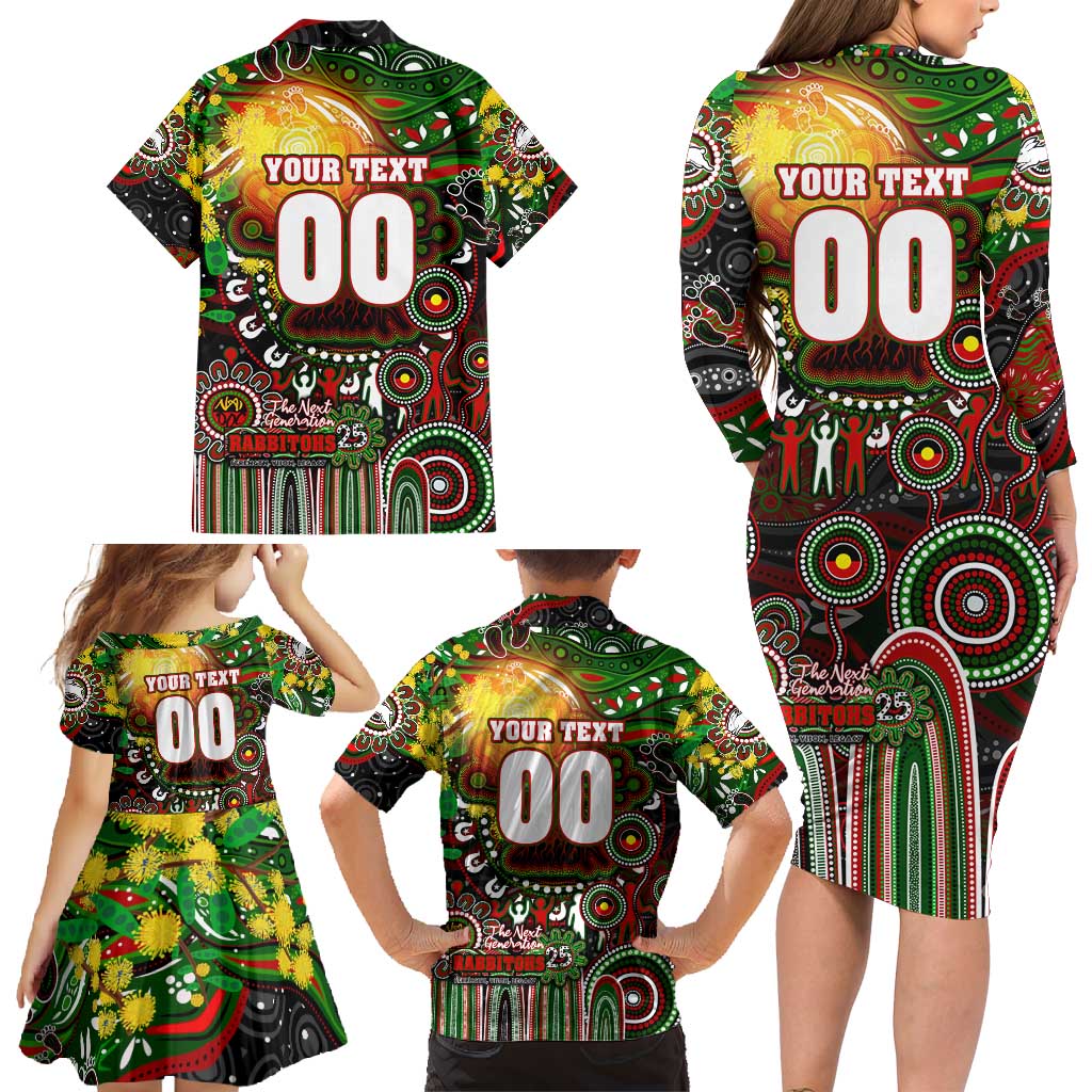 Personalised NAIDOC Week 2025 Rabbitohs Rugby Family Matching Long Sleeve Bodycon Dress and Hawaiian Shirt Aboriginal Dot Painting