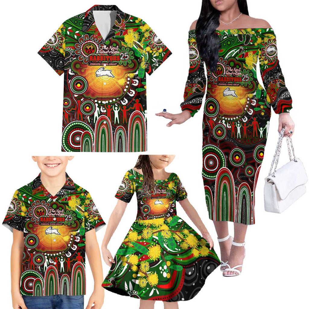 Personalised NAIDOC Week 2025 Rabbitohs Rugby Family Matching Off The Shoulder Long Sleeve Dress and Hawaiian Shirt Aboriginal Dot Painting