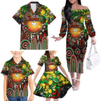 Personalised NAIDOC Week 2025 Rabbitohs Rugby Family Matching Off The Shoulder Long Sleeve Dress and Hawaiian Shirt Aboriginal Dot Painting