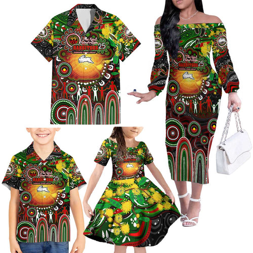 Personalised NAIDOC Week 2025 Rabbitohs Rugby Family Matching Off The Shoulder Long Sleeve Dress and Hawaiian Shirt Aboriginal Dot Painting