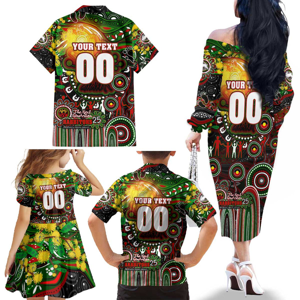 Personalised NAIDOC Week 2025 Rabbitohs Rugby Family Matching Off The Shoulder Long Sleeve Dress and Hawaiian Shirt Aboriginal Dot Painting
