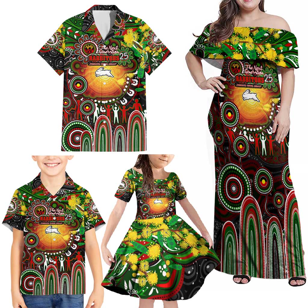 Personalised NAIDOC Week 2025 Rabbitohs Rugby Family Matching Off Shoulder Maxi Dress and Hawaiian Shirt Aboriginal Dot Painting