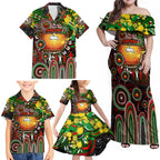 Personalised NAIDOC Week 2025 Rabbitohs Rugby Family Matching Off Shoulder Maxi Dress and Hawaiian Shirt Aboriginal Dot Painting