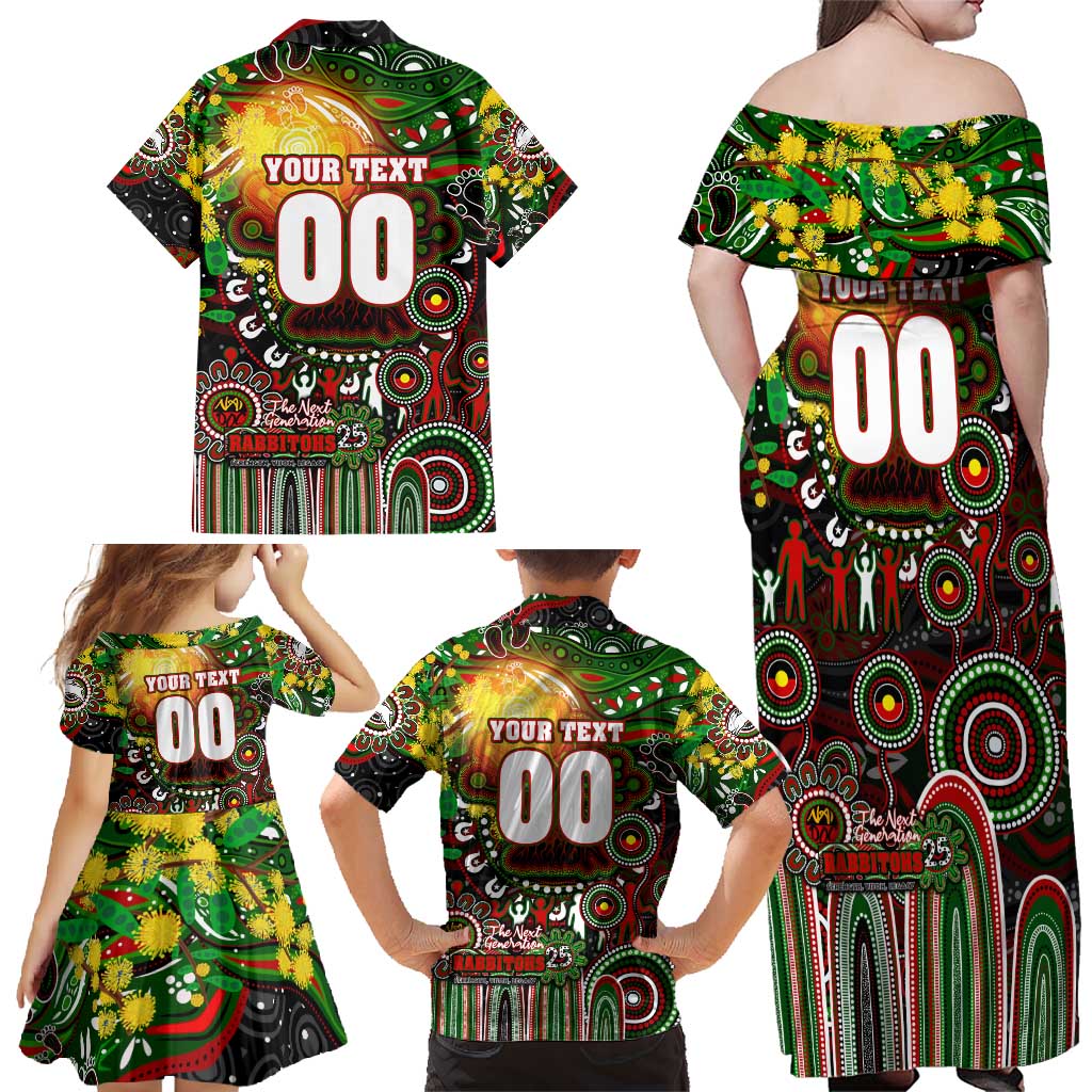 Personalised NAIDOC Week 2025 Rabbitohs Rugby Family Matching Off Shoulder Maxi Dress and Hawaiian Shirt Aboriginal Dot Painting