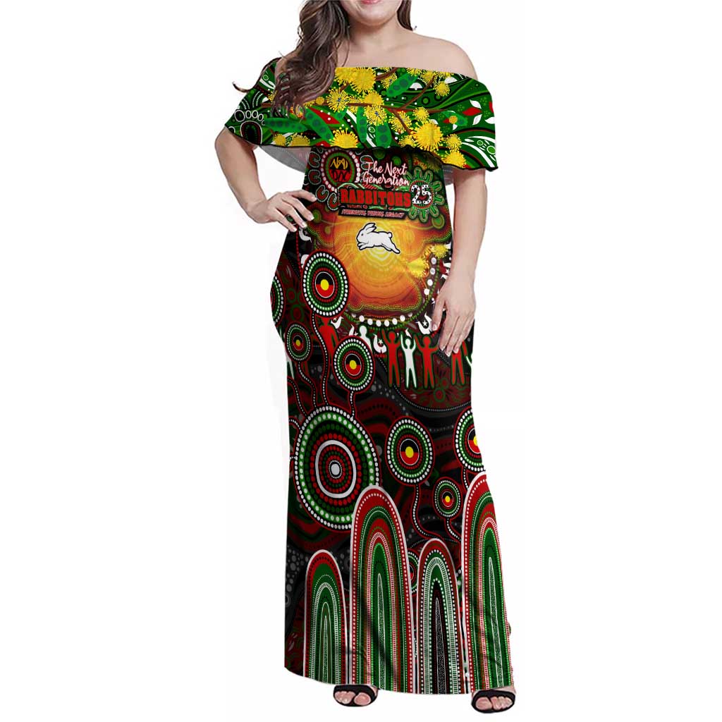 Personalised NAIDOC Week 2025 Rabbitohs Rugby Family Matching Off Shoulder Maxi Dress and Hawaiian Shirt Aboriginal Dot Painting