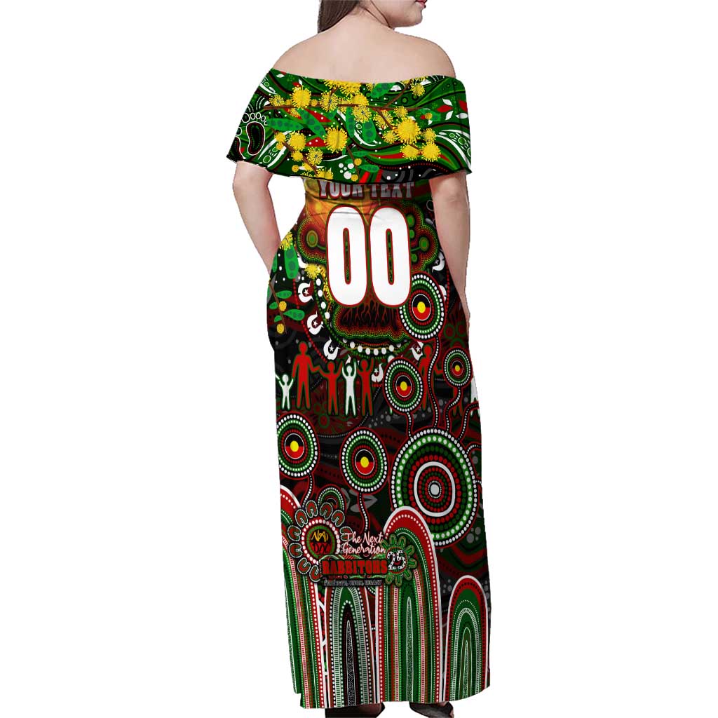 Personalised NAIDOC Week 2025 Rabbitohs Rugby Family Matching Off Shoulder Maxi Dress and Hawaiian Shirt Aboriginal Dot Painting