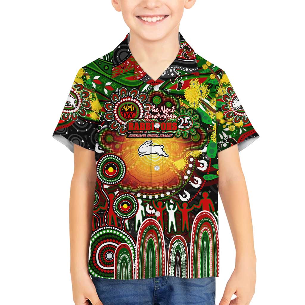 Personalised NAIDOC Week 2025 Rabbitohs Rugby Family Matching Off Shoulder Maxi Dress and Hawaiian Shirt Aboriginal Dot Painting
