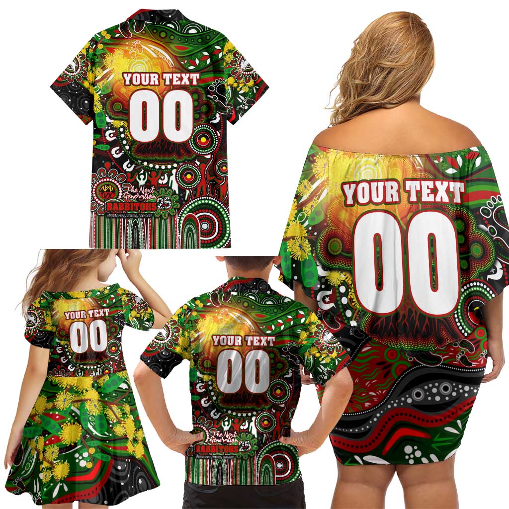 Personalised NAIDOC Week 2025 Rabbitohs Rugby Family Matching Off Shoulder Short Dress and Hawaiian Shirt Aboriginal Dot Painting