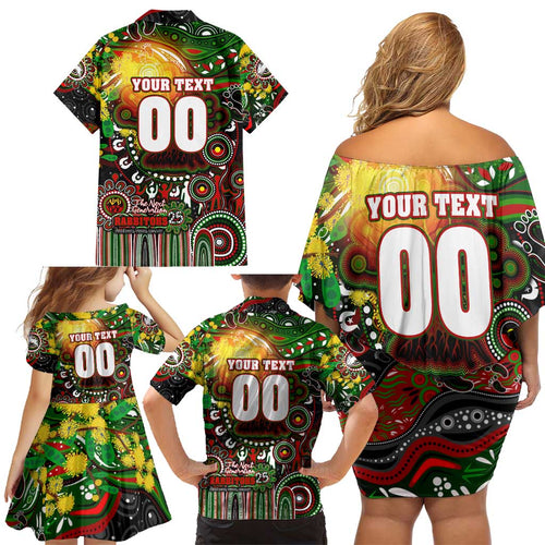 Personalised NAIDOC Week 2025 Rabbitohs Rugby Family Matching Off Shoulder Short Dress and Hawaiian Shirt Aboriginal Dot Painting
