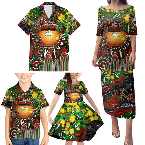 Personalised NAIDOC Week 2025 Rabbitohs Rugby Family Matching Puletasi and Hawaiian Shirt Aboriginal Dot Painting